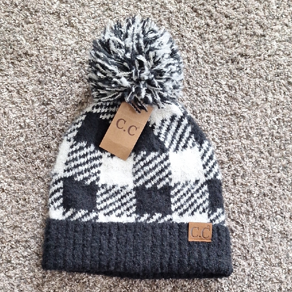 C.C Adult Black and White Pom Pom Beanie